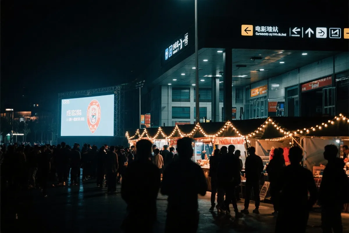 费城球迷广场夜景：大屏观赛人群、步行指示牌与公共交通入口