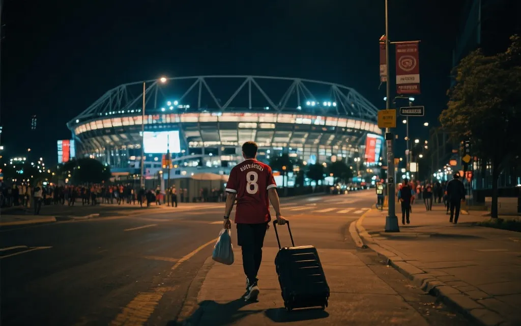 球迷在城市街区拖着行李箱，远处是体育场与夜景，体现赛后错峰旅行与返程规划